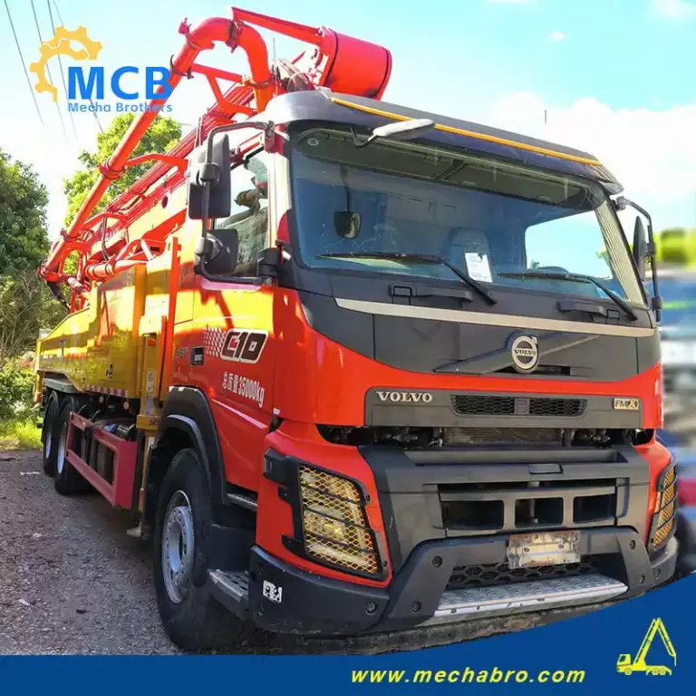 Original Mechabro field photo of the 2021 SANY concrete pump truck 51m, showing the Volvo chassis and folded boom