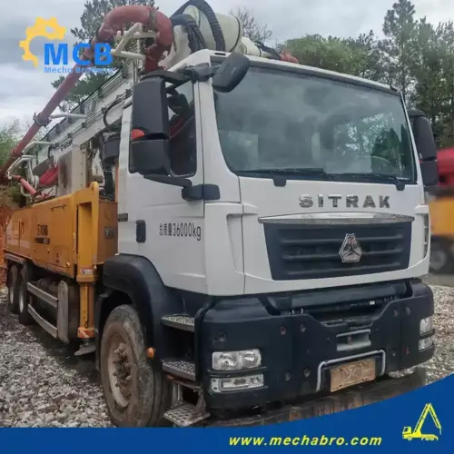 XCMG pump truck fleet purchase checklist illustrated by a Mechabro product-catalog image of a used 52m concrete pump truck