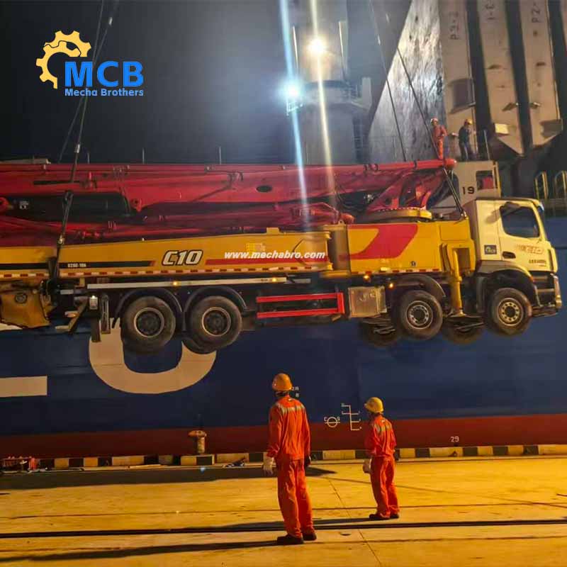 Concrete pump truck price export case — original Mechabro field photo of an actual SANY pump truck loading operation
