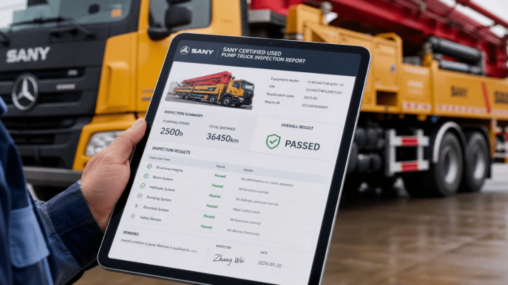 Digital inspection report for SANY certified used concrete pump truck
