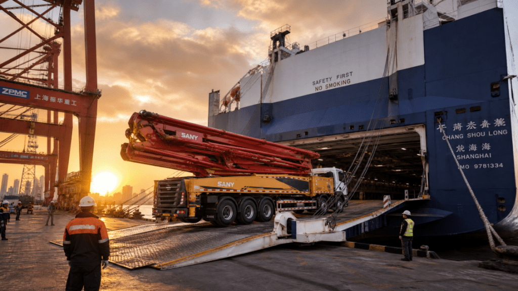Exporting SANY concrete pump truck to international markets at sea port