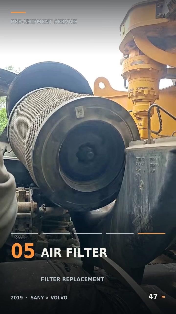Original Mechabro field video frame of air-filter work during pre-shipment service on the 2019 SANY concrete pump truck 47m with Volvo chassis