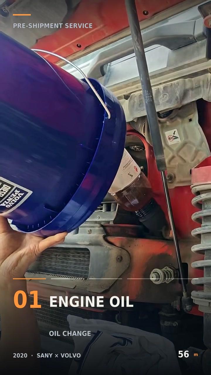Original Mechabro field video frame showing engine oil refill on the 2020 SANY concrete pump truck 56m Volvo