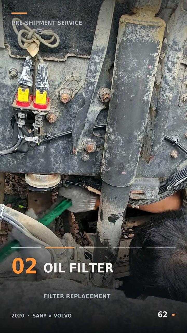 Original Mechabro field video frame showing oil-filter work on a 2020 SANY used concrete pump truck 62m Volvo