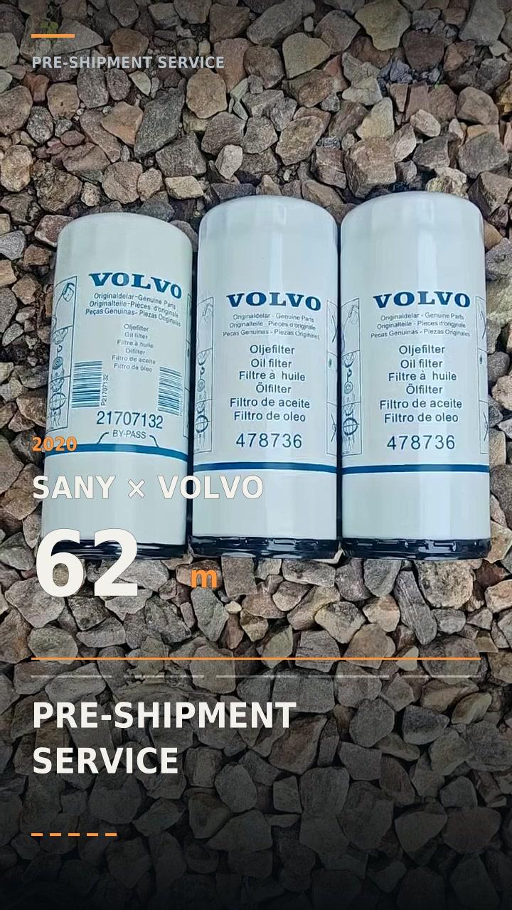 Original Mechabro field video frame showing oil filters in the 2020 SANY 62m Volvo pre-shipment service case
