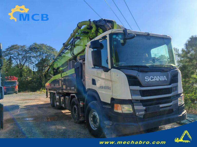 Original Mechabro field photo of a 2021 Zoomlion concrete pump truck on Scania P450, front-right equipment view