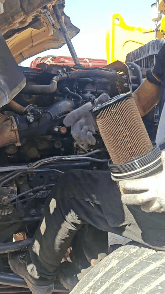 Engine oil filter replacement on the 2020 SANY Mercedes-Benz 56m concrete pump truck