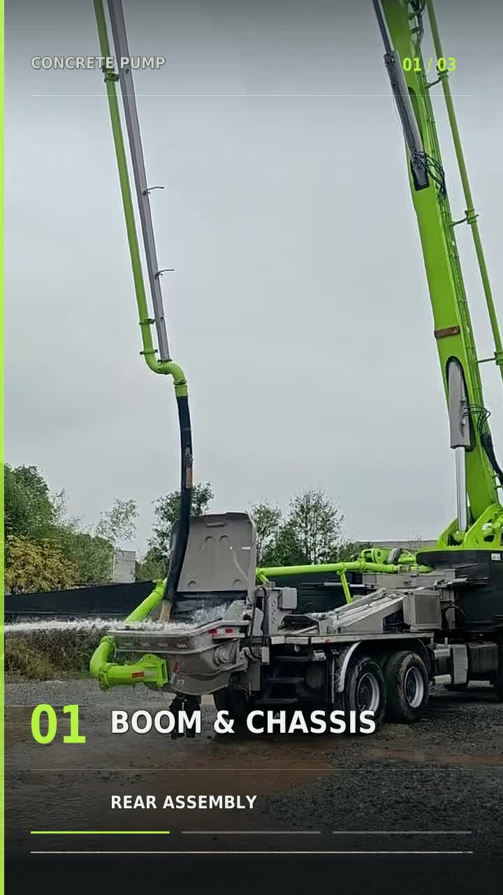 Original Mechabro field-video frame of a 2019 Zoomlion concrete pump truck 63m during a water test