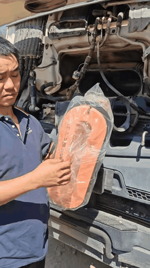 Replacement air filter for the 2020 SANY 56m Mercedes-Benz pump truck before shipment