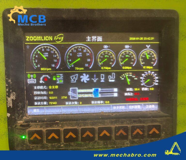 Original Mechabro field photo of a concrete pump control display on the 2022 Zoomlion 62m-class truck